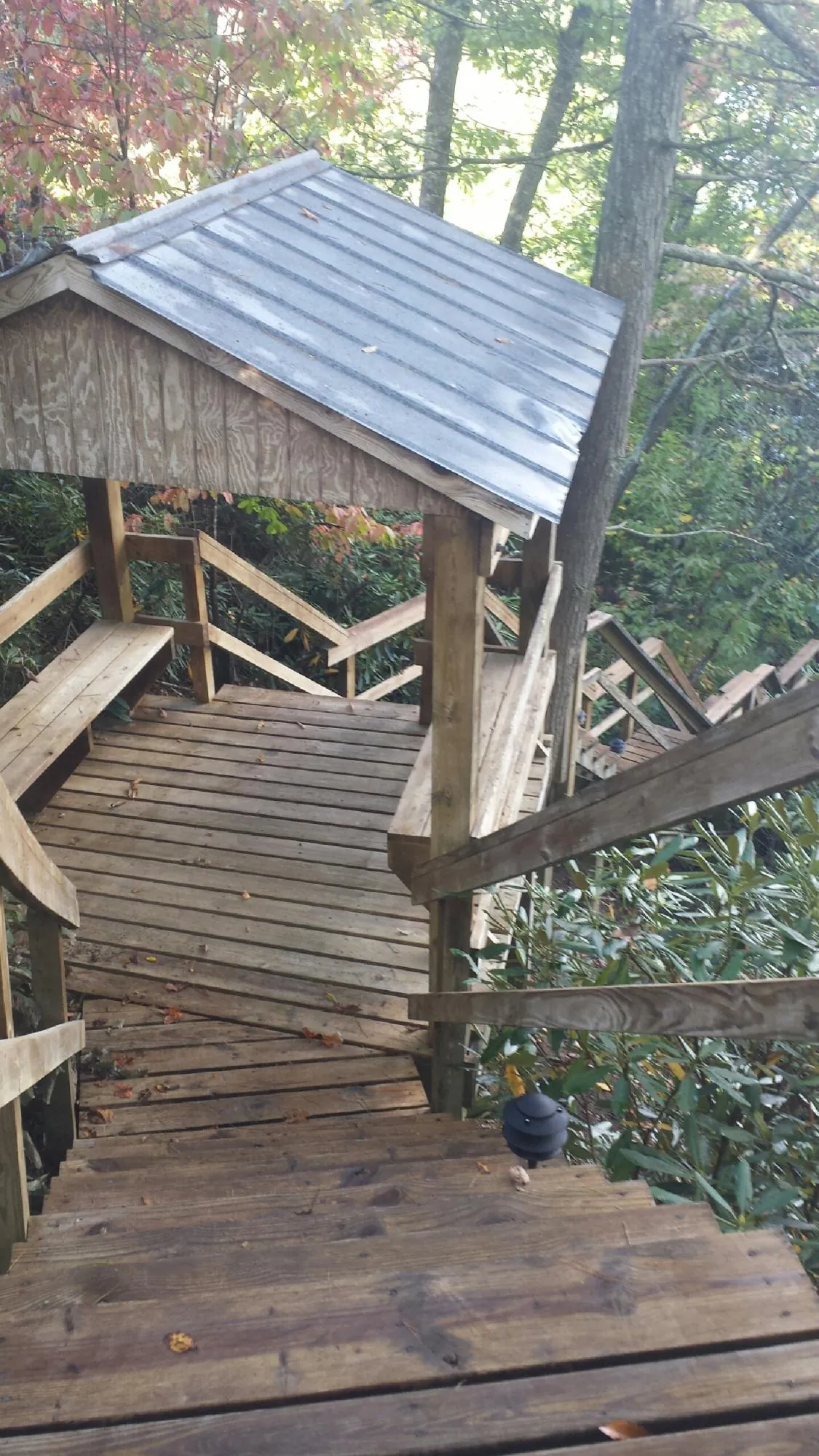 Metal roofed shelter over wooden steps on a wooded walkway — Skylight Repair & Installation work by our crew in Hedgesville
